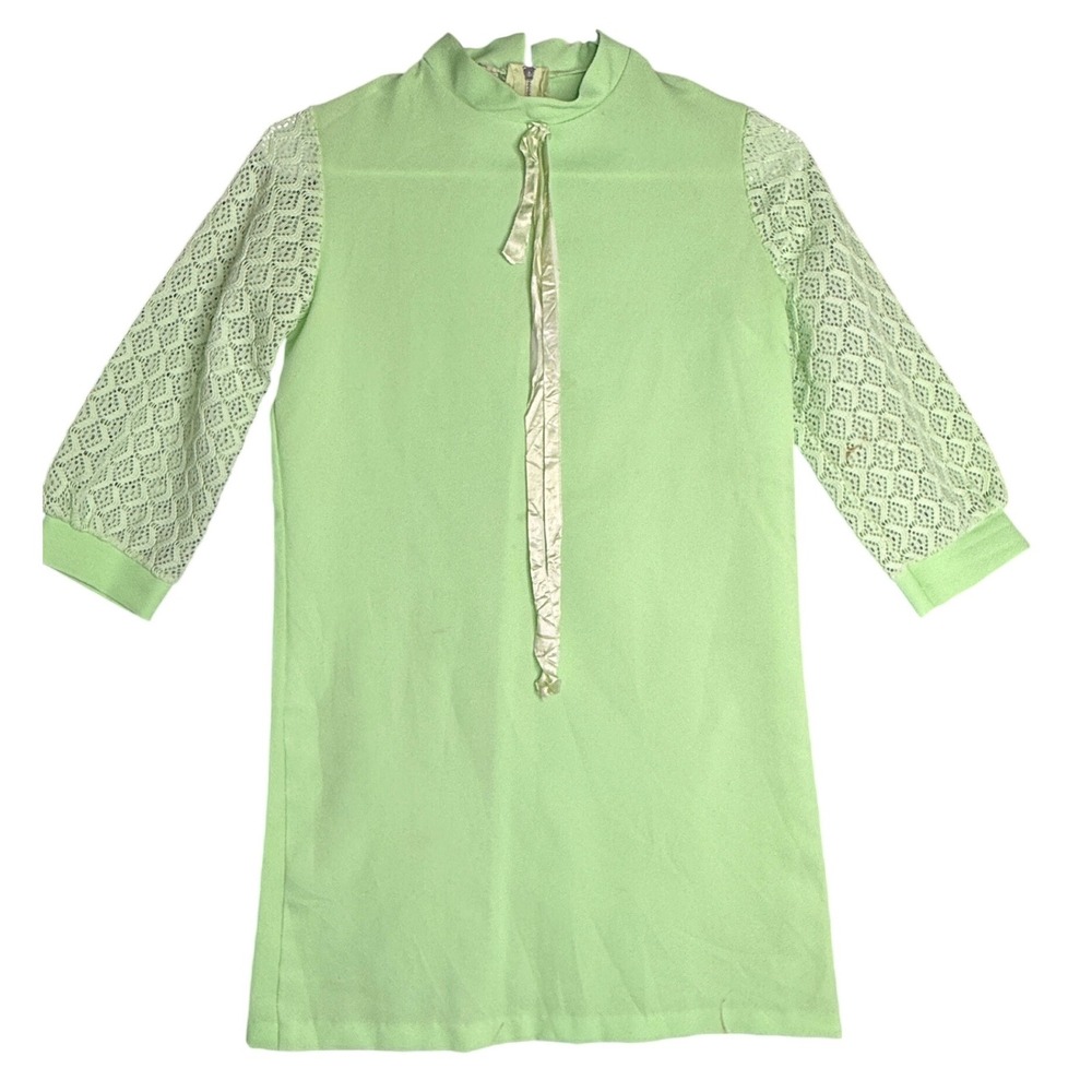Vintage 60s Carol Evans Penneys Mint Green Lace Sleeve Mod Micro Mini Dress